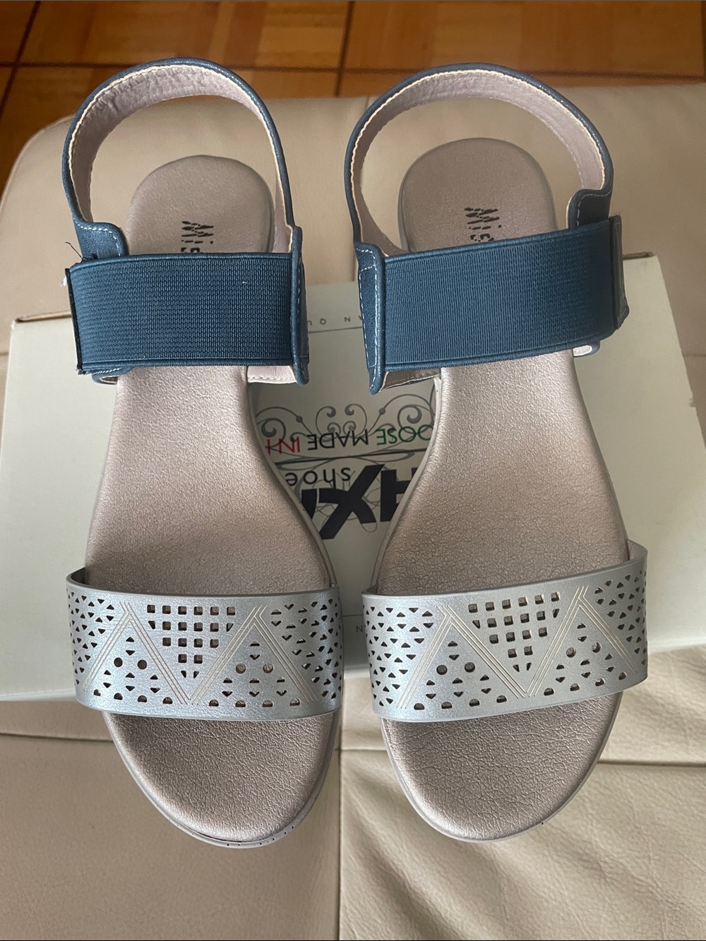 Laser-Cut Metallic Silver Sandals with Navy Straps